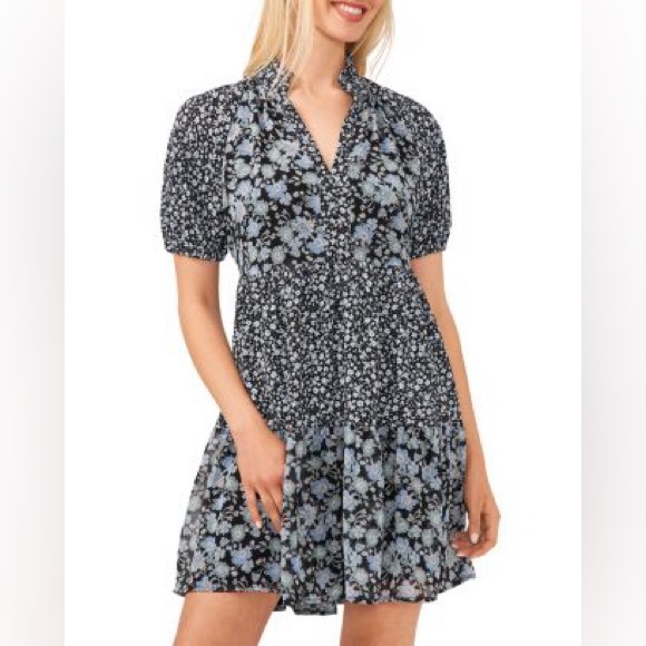 CeCe Blue Black Floral Print Casual Tiered Sheath Dress - Picture 1 of 5